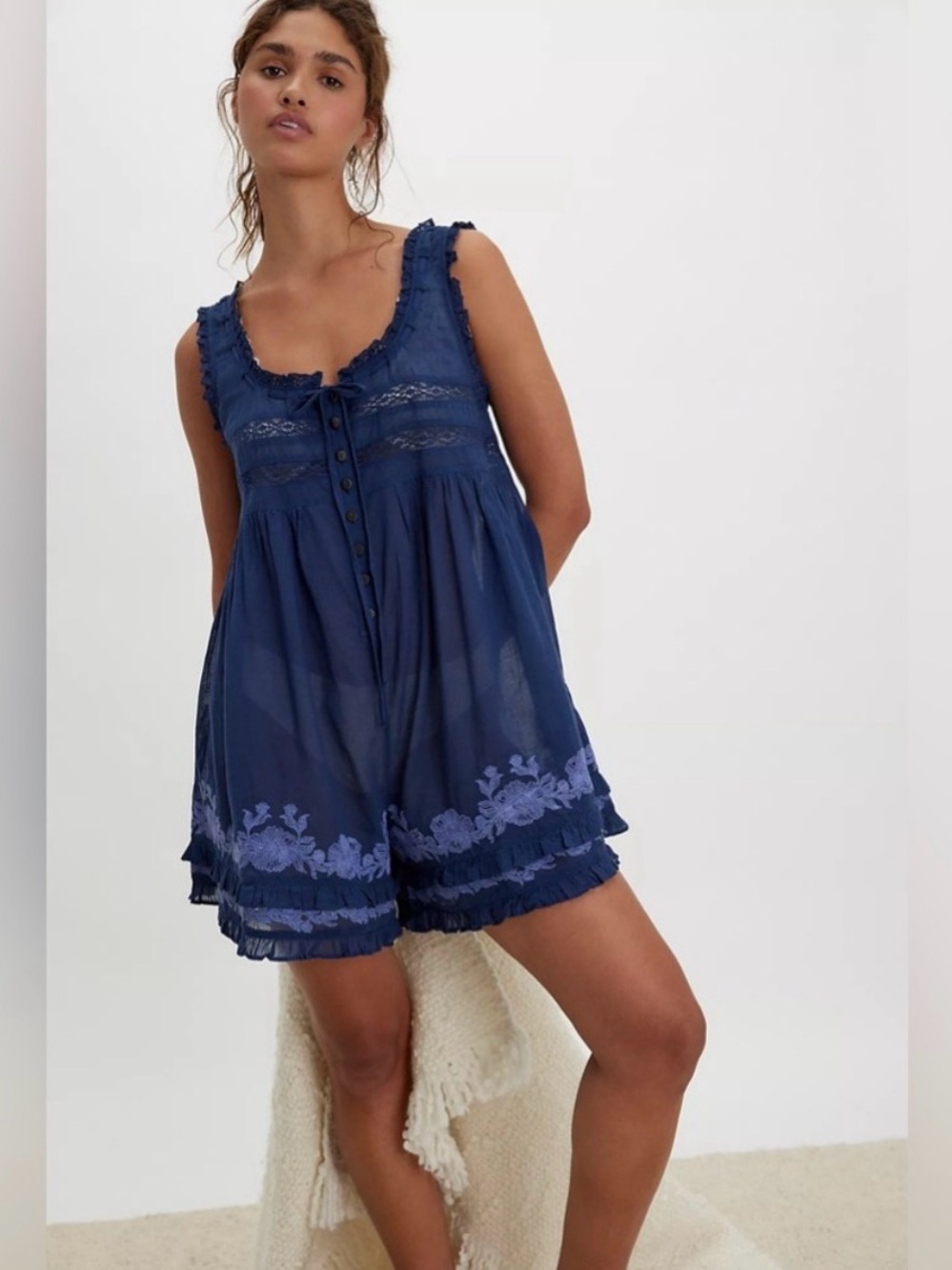Free People Bali Navy Lace-Trim Sleep Romper - RARE